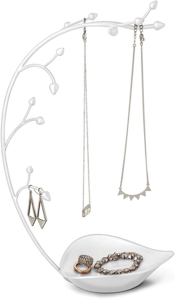 Umbra Orchid Jewelry Hanging Tree Stand - Multi-Functional Necklace Metal Holder Display Organizer Rack With a Ring Dish Tray Great For Organization Can Be Used As Decor, Dining Room Centerpiece