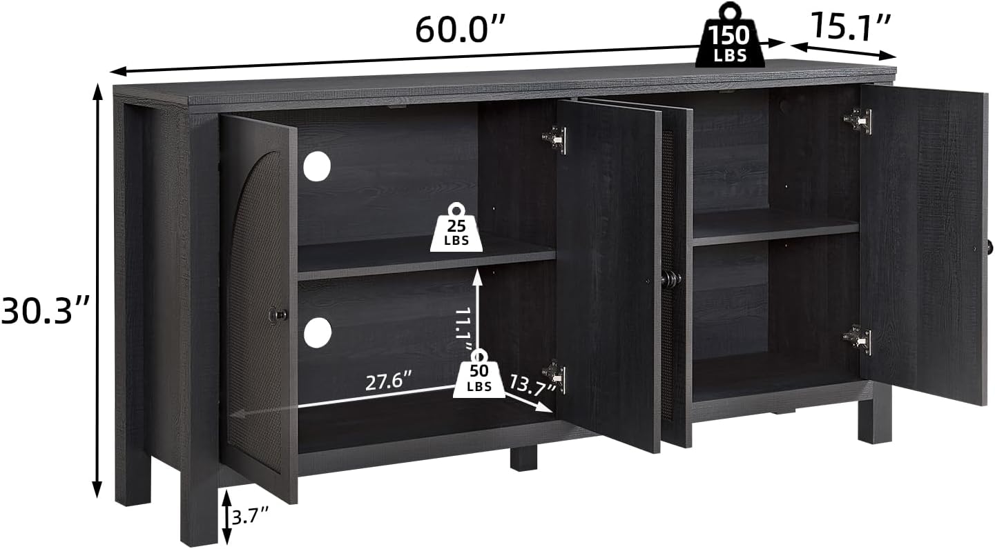 Okvnbjk Sideboard Buffet Cabinet with Storage, 60inch Kitchen Buffet Table with Soft Closing Door Hinges, Rattan Coffee Bar Cabinet for Living Room, Dining Room, Black