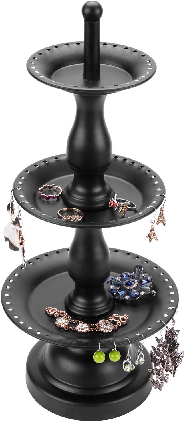 MyGift Earring Storage Rack Organizer, Matte Black Metal Jewelry Tree, Necklace and Bracelet Hanger with Wooden Ring Tray Trinket Holder - Holds 68 Pairs of Earrings