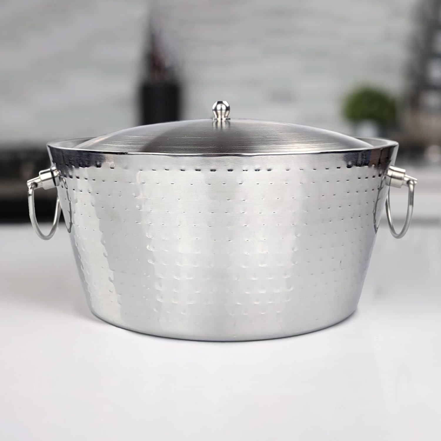 Insulated Stainless Steel Large Ice Bucket with Lid for Parties, Anchored Metal Ice & Beverage , Champagne Bucket for Extended Chill - 12-Quarts