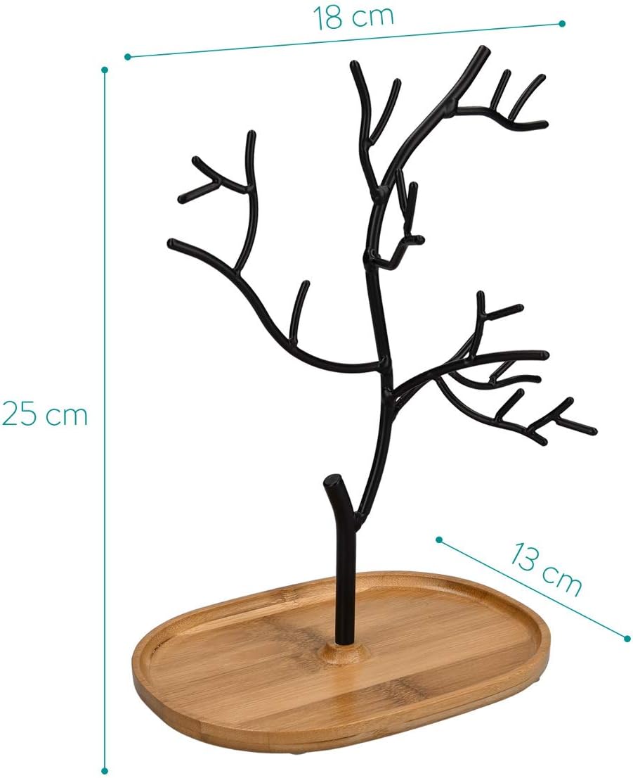 Navaris Metal Jewelry Tree Stand - Organizer Hanger Display Holder with Bamboo Dish Base to Store Necklaces, Bracelets, Rings, Accessories
