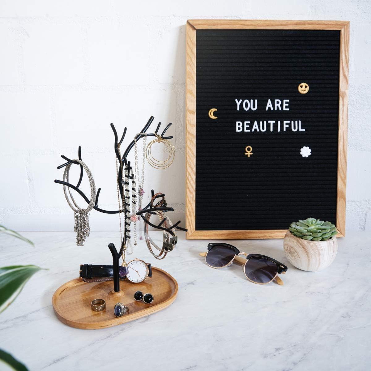 Navaris Metal Jewelry Tree Stand - Organizer Hanger Display Holder with Bamboo Dish Base to Store Necklaces, Bracelets, Rings, Accessories