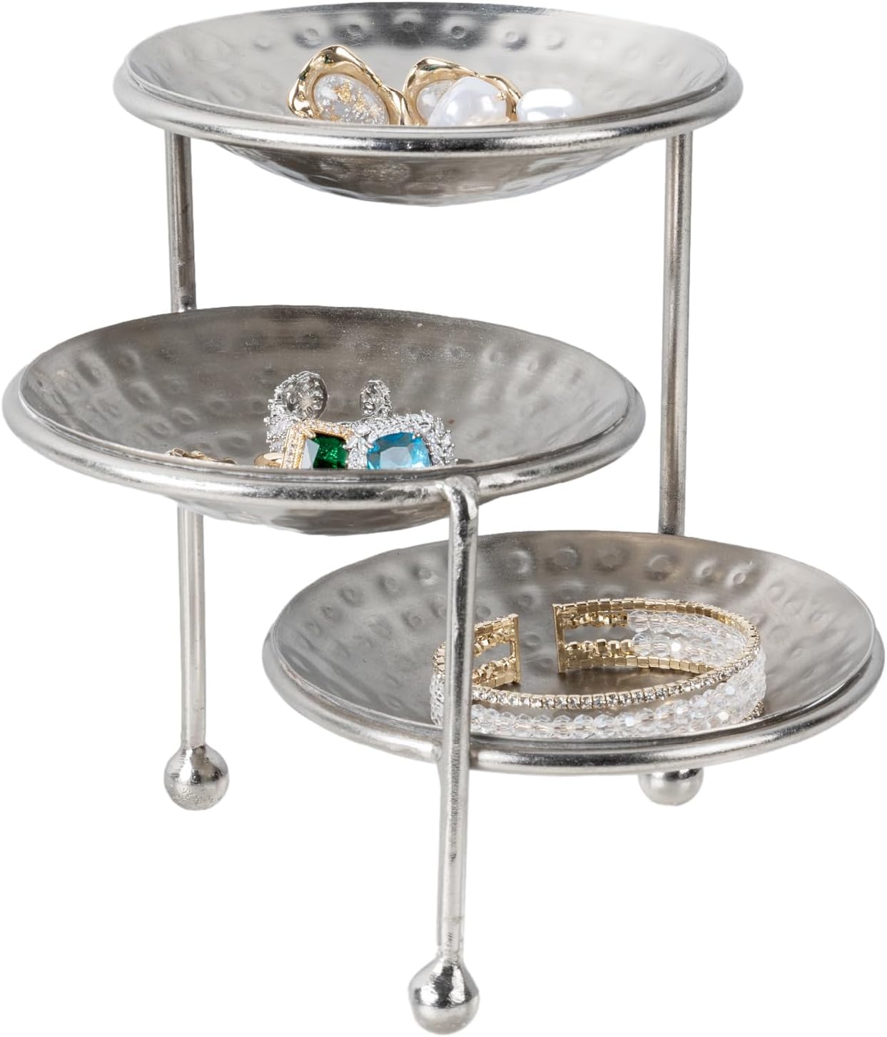 MyGift 3 Tier Jewelry Dish Organizer - Hammered Brass Plated Metal Ring Tray, Decorative Earring, Necklace, Bracelet Storage Display Tower - Handcrafted in India