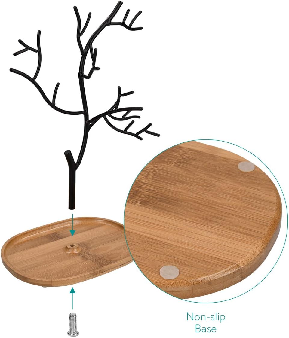 Navaris Metal Jewelry Tree Stand - Organizer Hanger Display Holder with Bamboo Dish Base to Store Necklaces, Bracelets, Rings, Accessories