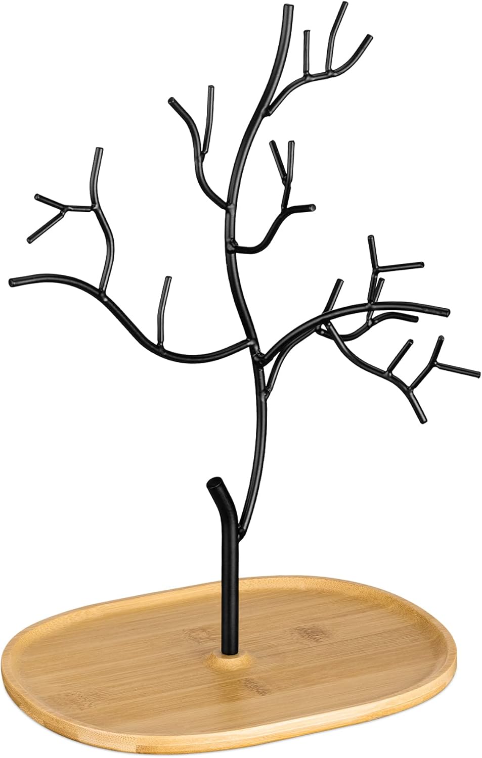 Navaris Metal Jewelry Tree Stand - Organizer Hanger Display Holder with Bamboo Dish Base to Store Necklaces, Bracelets, Rings, Accessories