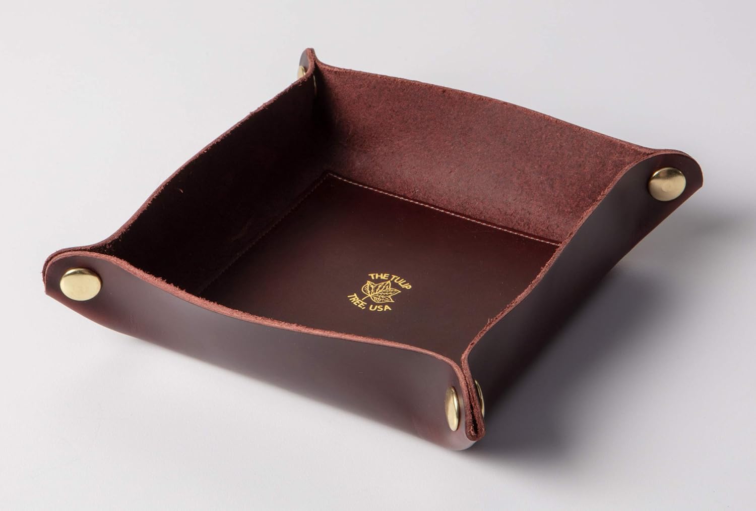 USA Made Premium Leather Valet Tray, Folds Flat! Little Buddy Dice Rolling Basket and Organizer With Brass Snaps - Reinforced Felt Bottom - For Keys, Jewelry, Coin, EDC, Watch Storage Caddy - Chestnut