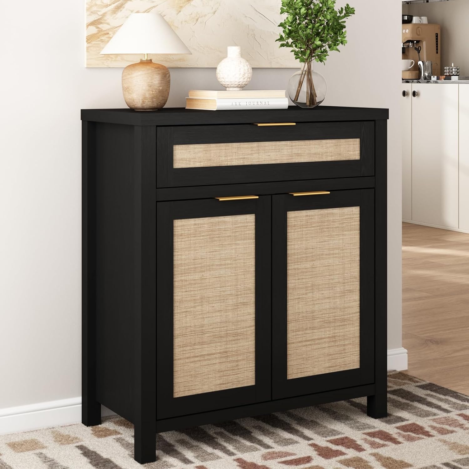 Rattan Sideboard Buffet Cabinet, Boho Storage Cabinet with Adjustable Shelves, Farmhouse Credenza Coffee Bar Cabinets with 4 Doors & 3 Drawers for Living Room, Hallway & Kitchen