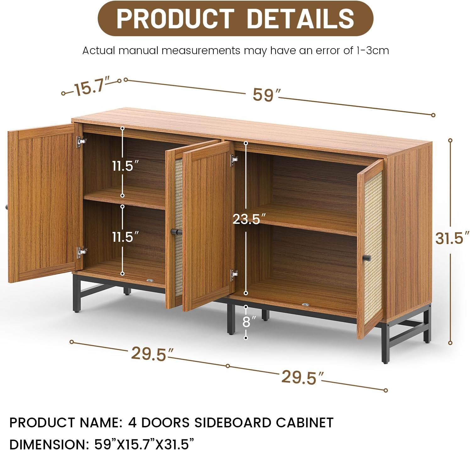 Rattan Sideboard Buffet Cabinet, Walnut Storage Credenza Accent Cabinet with 4 Doors, 59" Large Mid Century Modern Console Table for Kitchen, Living Room and Dining Room