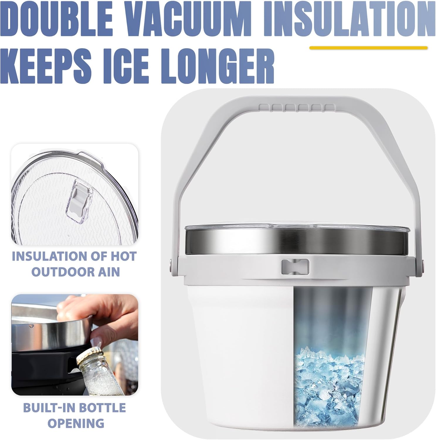 COKTIK 7L Vacuum Insulated Ice Bucket with Lid and Scoop& Tongs,Large capacity Stainless Steel Beverage Bucket for Cocktail, Champagne, Wine, Beer,Large Parties(Milk White Suit)
