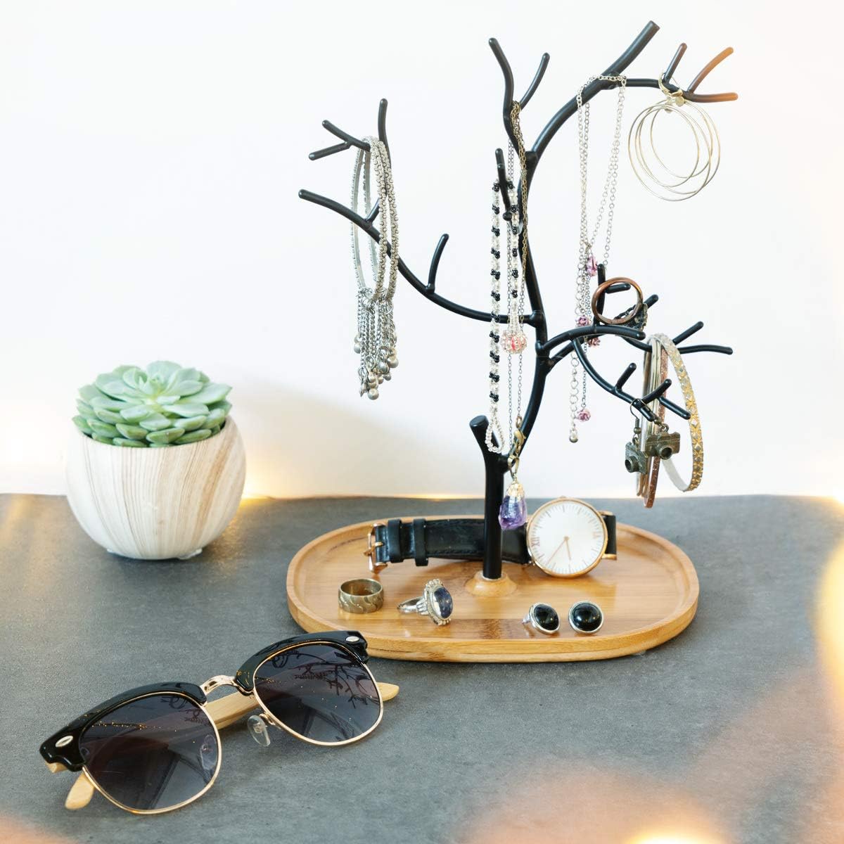 Navaris Metal Jewelry Tree Stand - Organizer Hanger Display Holder with Bamboo Dish Base to Store Necklaces, Bracelets, Rings, Accessories