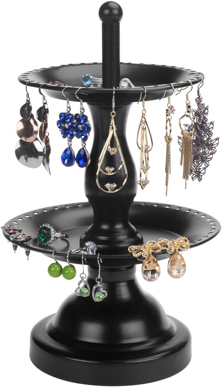 MyGift Earring Storage Rack Organizer, Matte Black Metal Jewelry Tree, Necklace and Bracelet Hanger with Wooden Ring Tray Trinket Holder - Holds 68 Pairs of Earrings