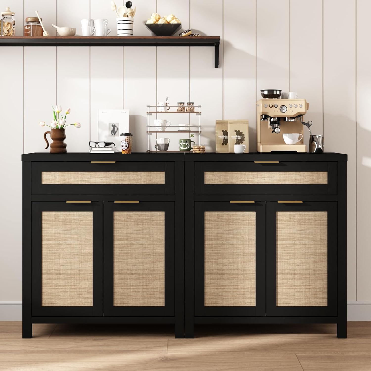 Rattan Sideboard Buffet Cabinet, Boho Storage Cabinet with Adjustable Shelves, Farmhouse Credenza Coffee Bar Cabinets with 4 Doors & 3 Drawers for Living Room, Hallway & Kitchen