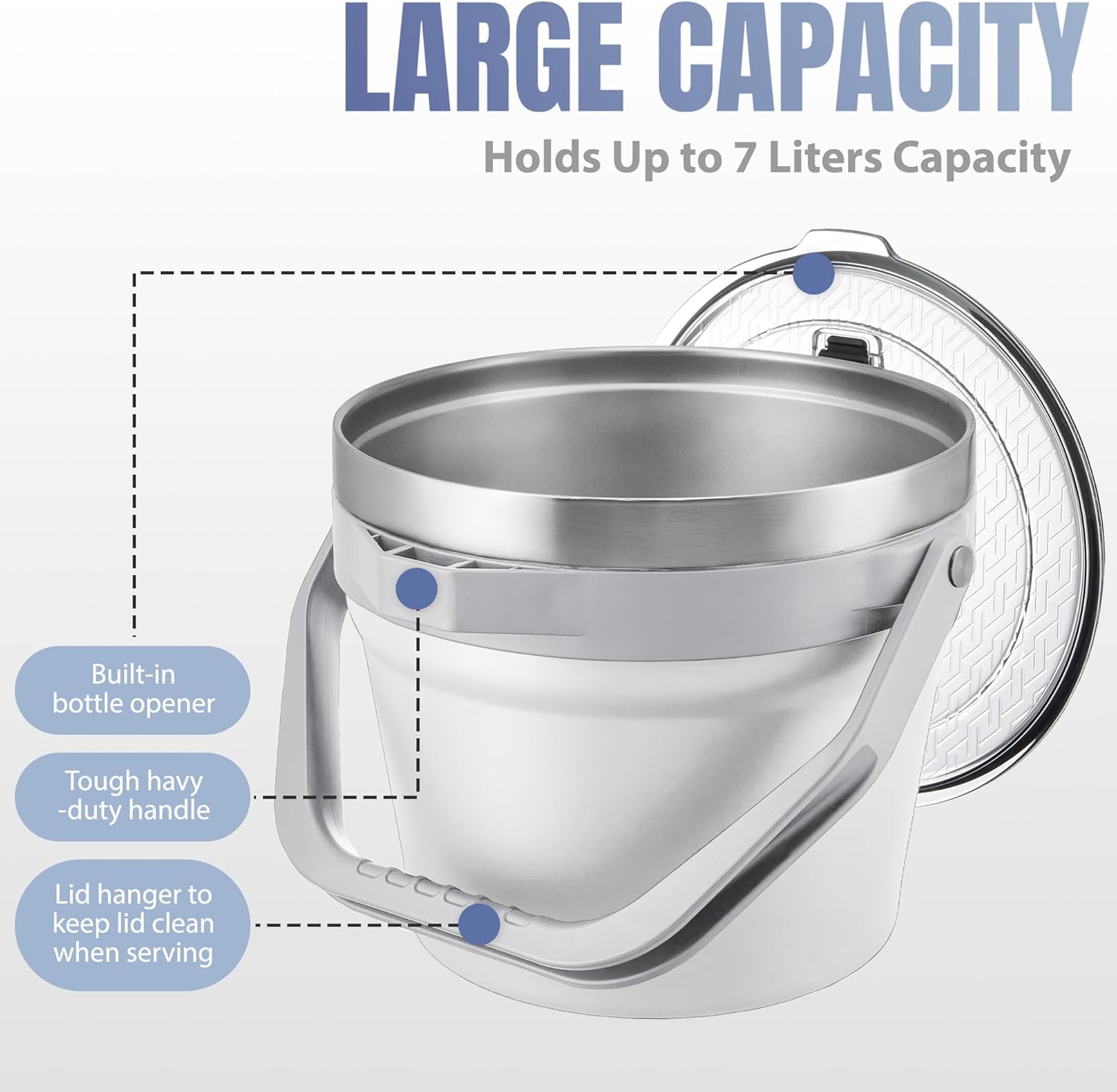 COKTIK 7L Vacuum Insulated Ice Bucket with Lid and Scoop& Tongs,Large capacity Stainless Steel Beverage Bucket for Cocktail, Champagne, Wine, Beer,Large Parties(Milk White Suit)