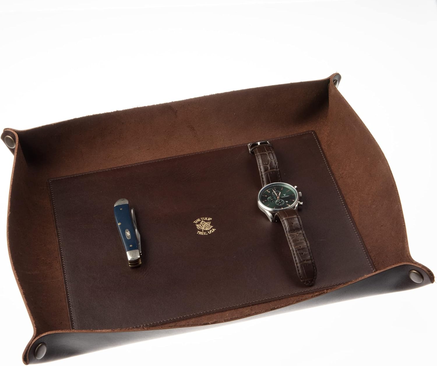 USA Made Premium Leather Valet Tray, Folds Flat! Little Buddy Dice Rolling Basket and Organizer With Brass Snaps - Reinforced Felt Bottom - For Keys, Jewelry, Coin, EDC, Watch Storage Caddy - Chestnut