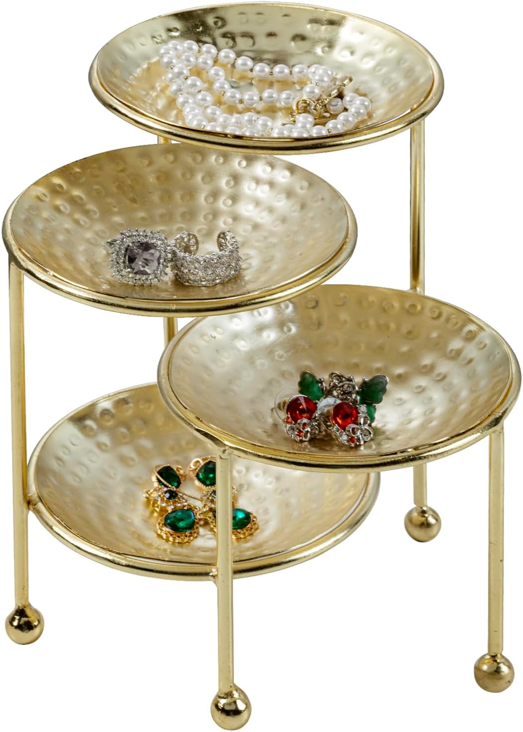 MyGift 3 Tier Jewelry Dish Organizer - Hammered Brass Plated Metal Ring Tray, Decorative Earring, Necklace, Bracelet Storage Display Tower - Handcrafted in India
