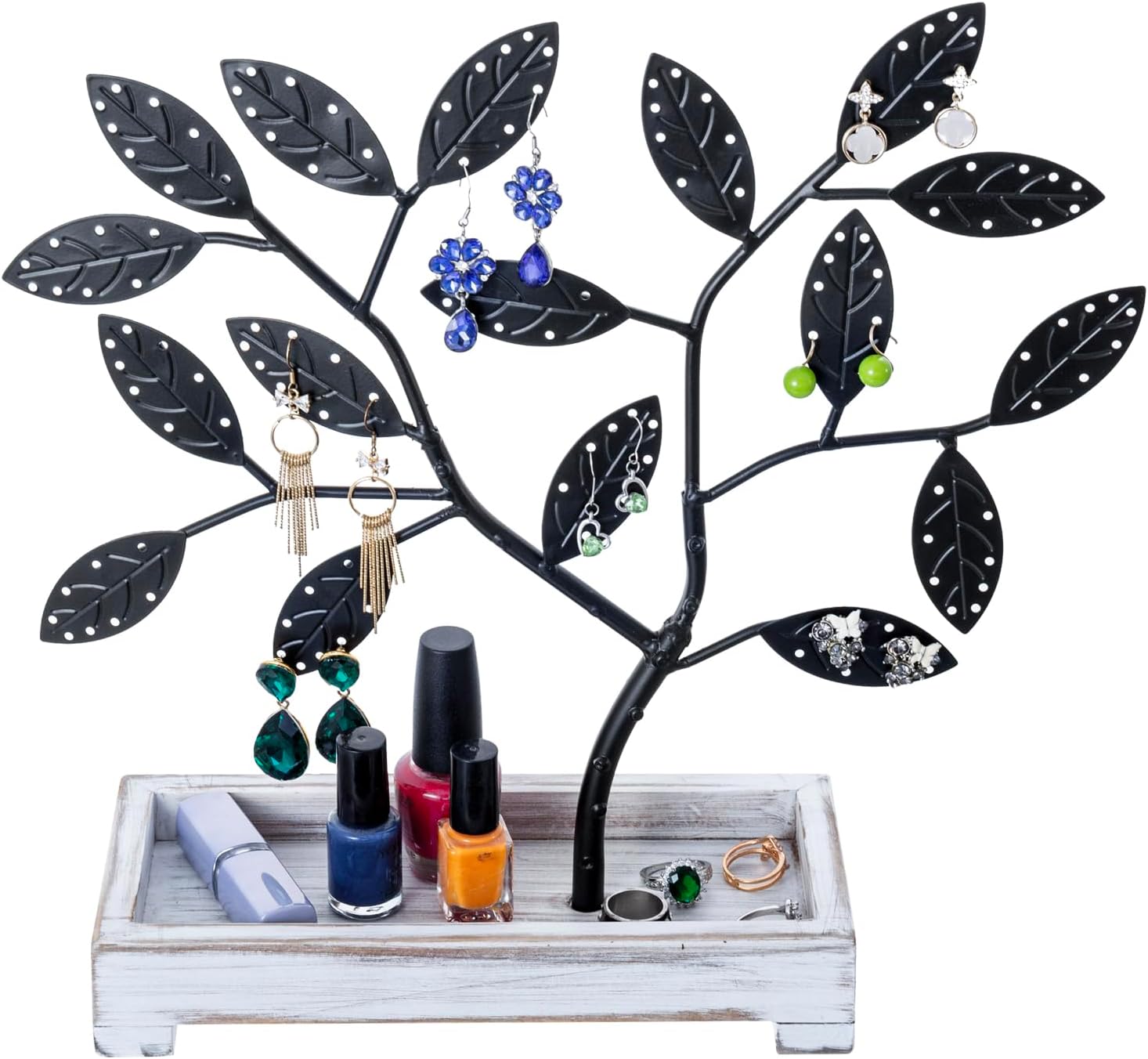 MyGift Earring Storage Rack Organizer, Matte Black Metal Jewelry Tree, Necklace and Bracelet Hanger with Wooden Ring Tray Trinket Holder - Holds 68 Pairs of Earrings