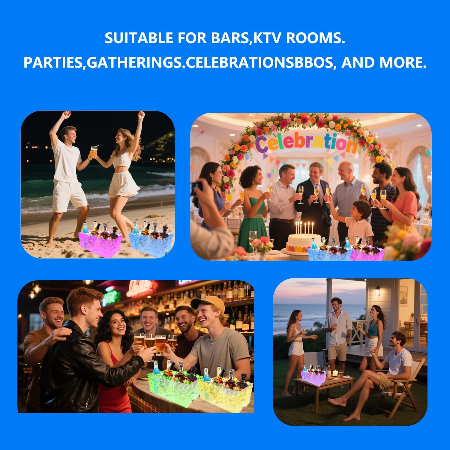 Plastic Colorful Ice Bucket for Parties,15Liter/4 Gallon Big LED Light Beverage Tub,Ice Bucket for Champagne/Beer/Drink/Wine/Cocktails/Bar,7-Color(Ice Grain )