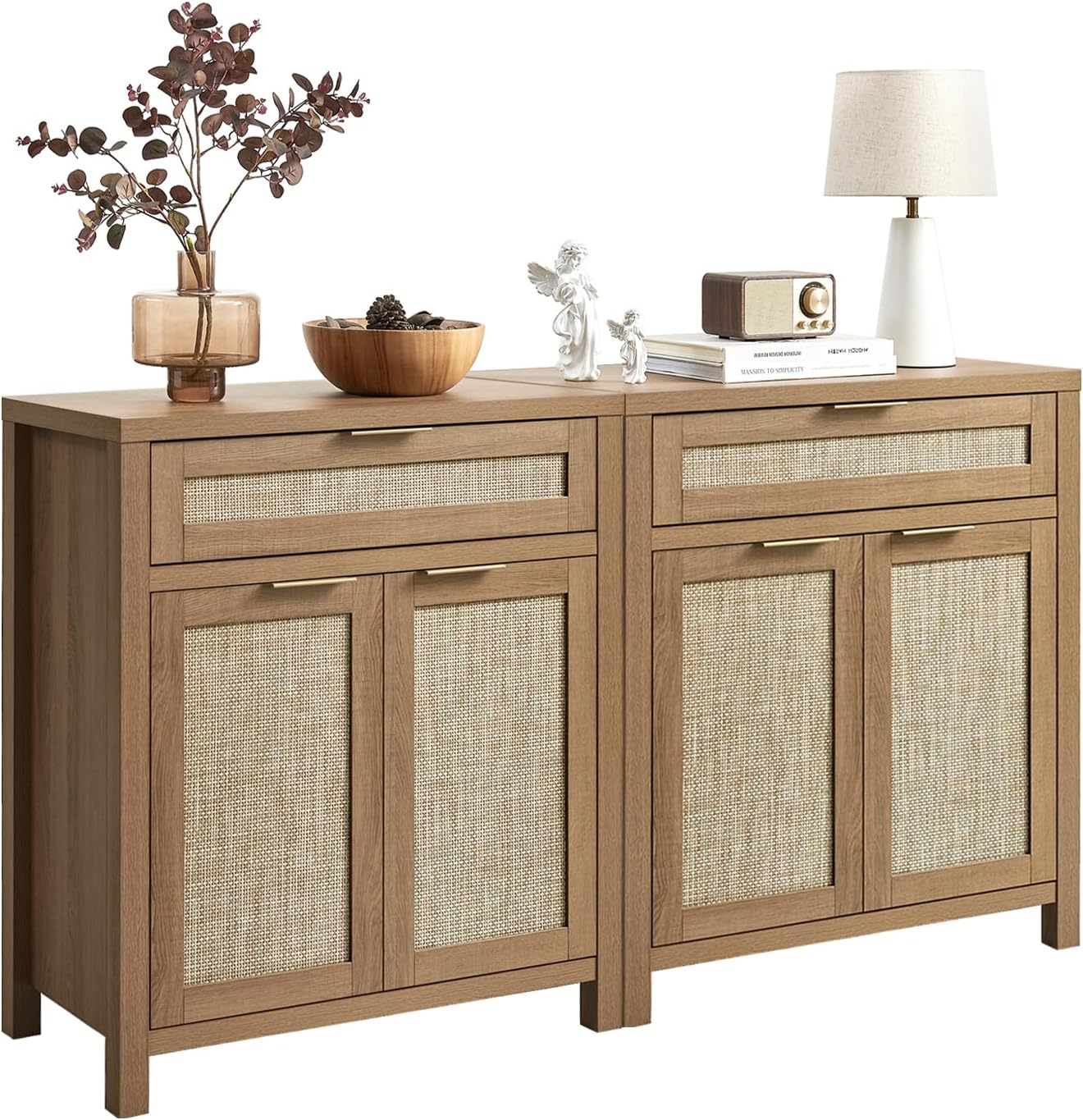 Rattan Sideboard Buffet Cabinet, Boho Storage Cabinet with Adjustable Shelves, Farmhouse Credenza Coffee Bar Cabinets with 4 Doors & 3 Drawers for Living Room, Hallway & Kitchen