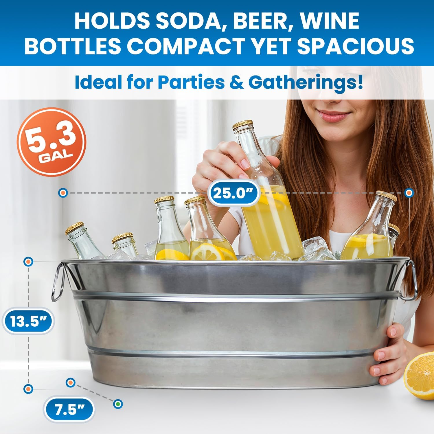 PLEXON Galvanized Tub with Handles - Beverage Tub - Metal Ice Bucket for Parties - Ice Bucket for Cocktail Bar Restaurant - Drink Beer Champagne Chiller Cooler - 5.3 Gallon (20L), Set of 2