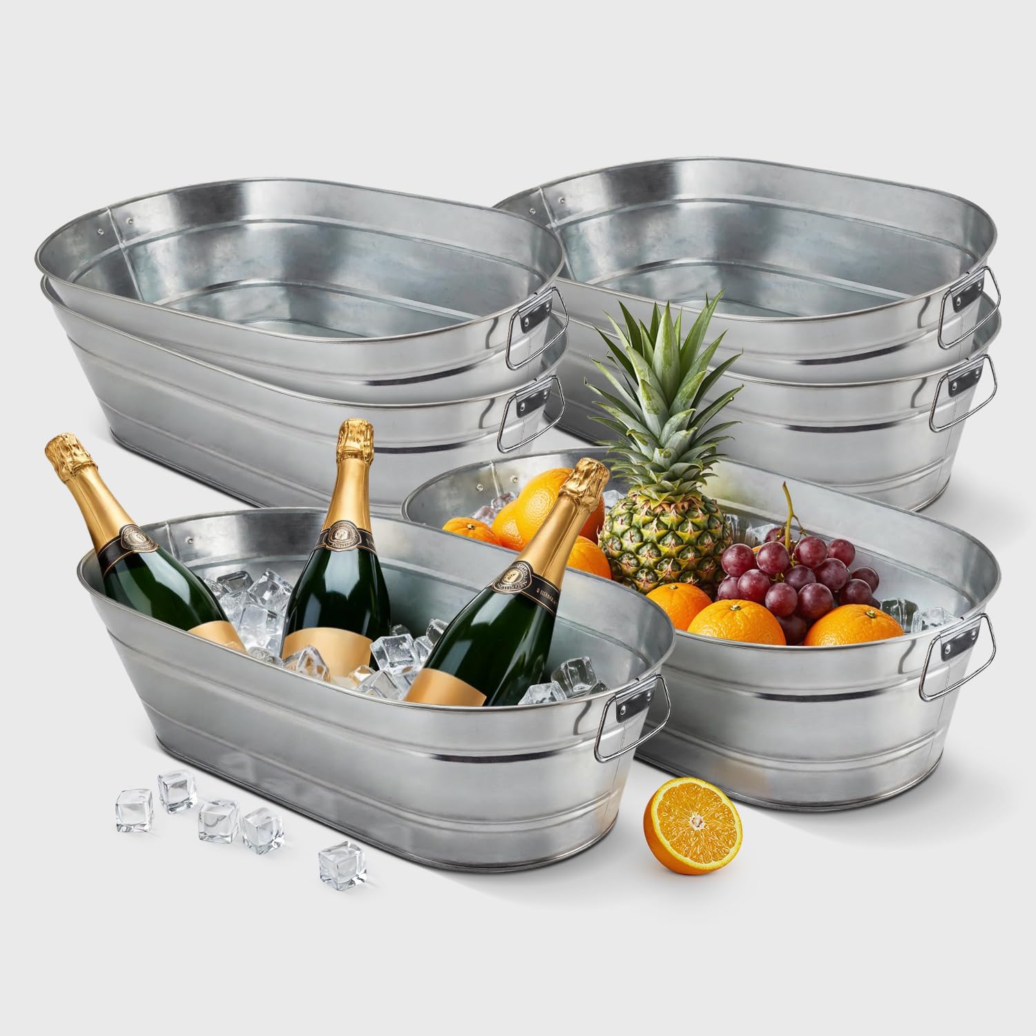 PLEXON Galvanized Tub with Handles - Beverage Tub - Metal Ice Bucket for Parties - Ice Bucket for Cocktail Bar Restaurant - Drink Beer Champagne Chiller Cooler - 5.3 Gallon (20L), Set of 2