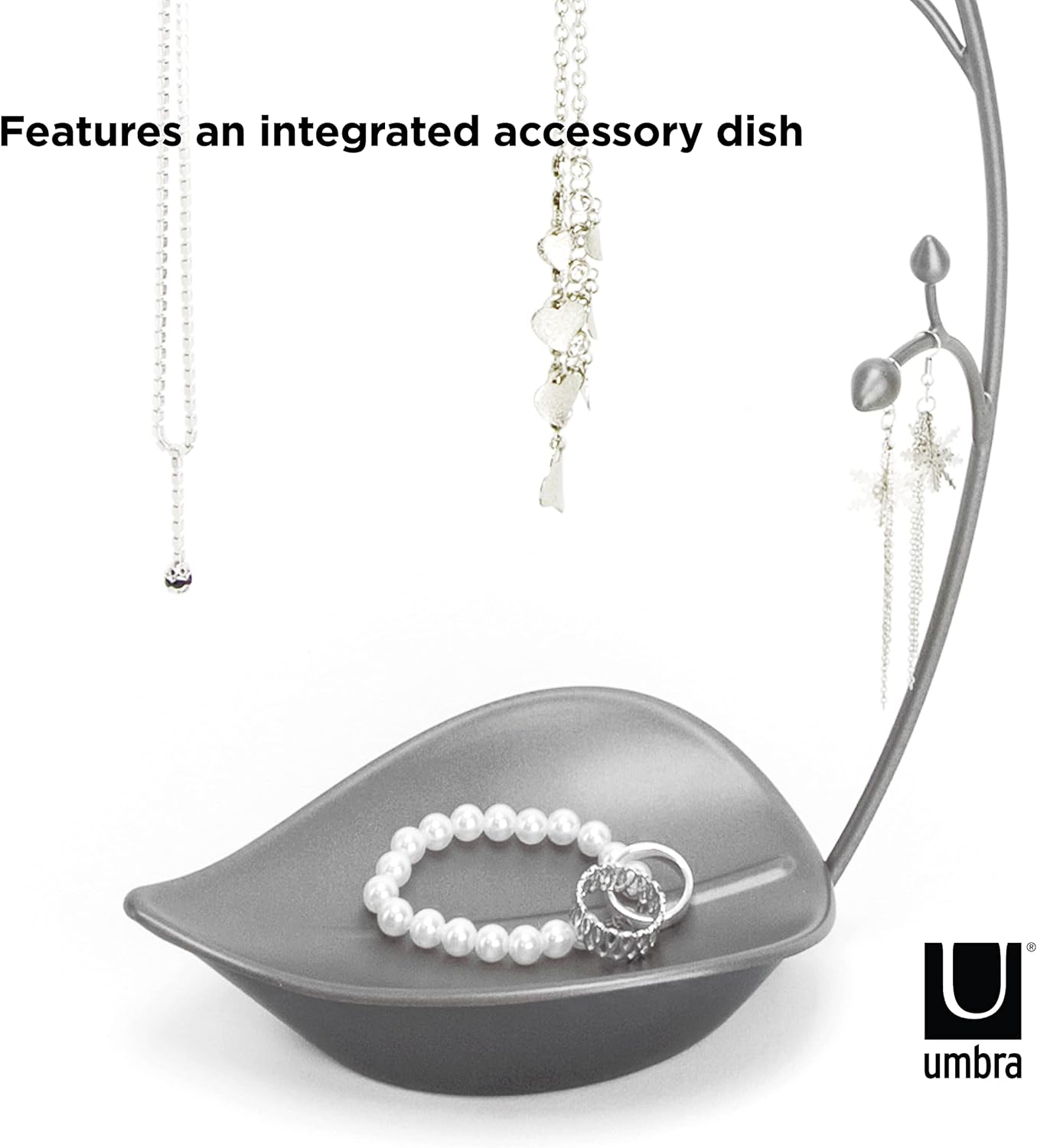 Umbra Orchid Jewelry Hanging Tree Stand - Multi-Functional Necklace Metal Holder Display Organizer Rack With a Ring Dish Tray Great For Organization Can Be Used As Decor, Dining Room Centerpiece