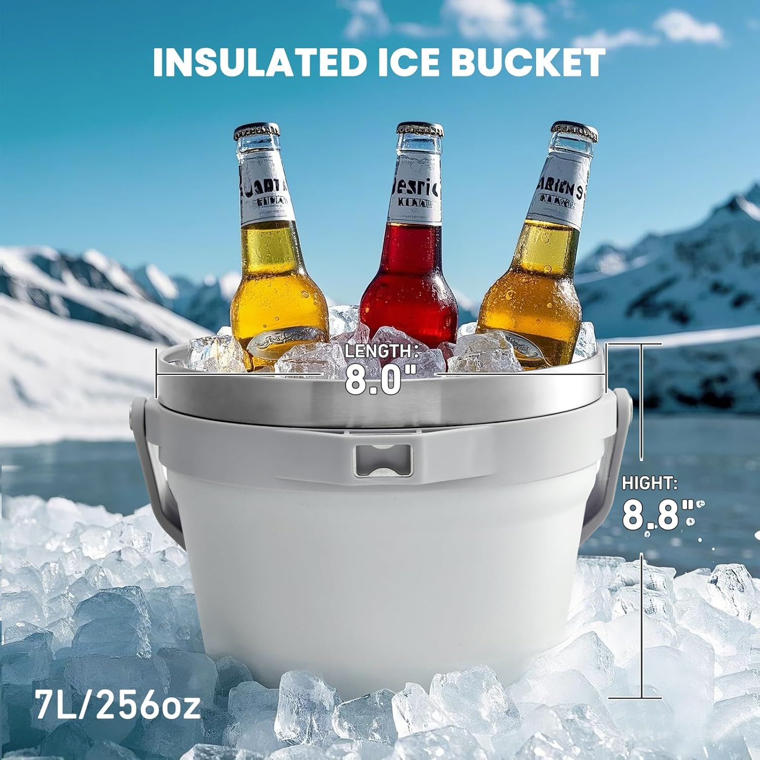 COKTIK 7L Vacuum Insulated Ice Bucket with Lid and Scoop& Tongs,Large capacity Stainless Steel Beverage Bucket for Cocktail, Champagne, Wine, Beer,Large Parties(Milk White Suit)