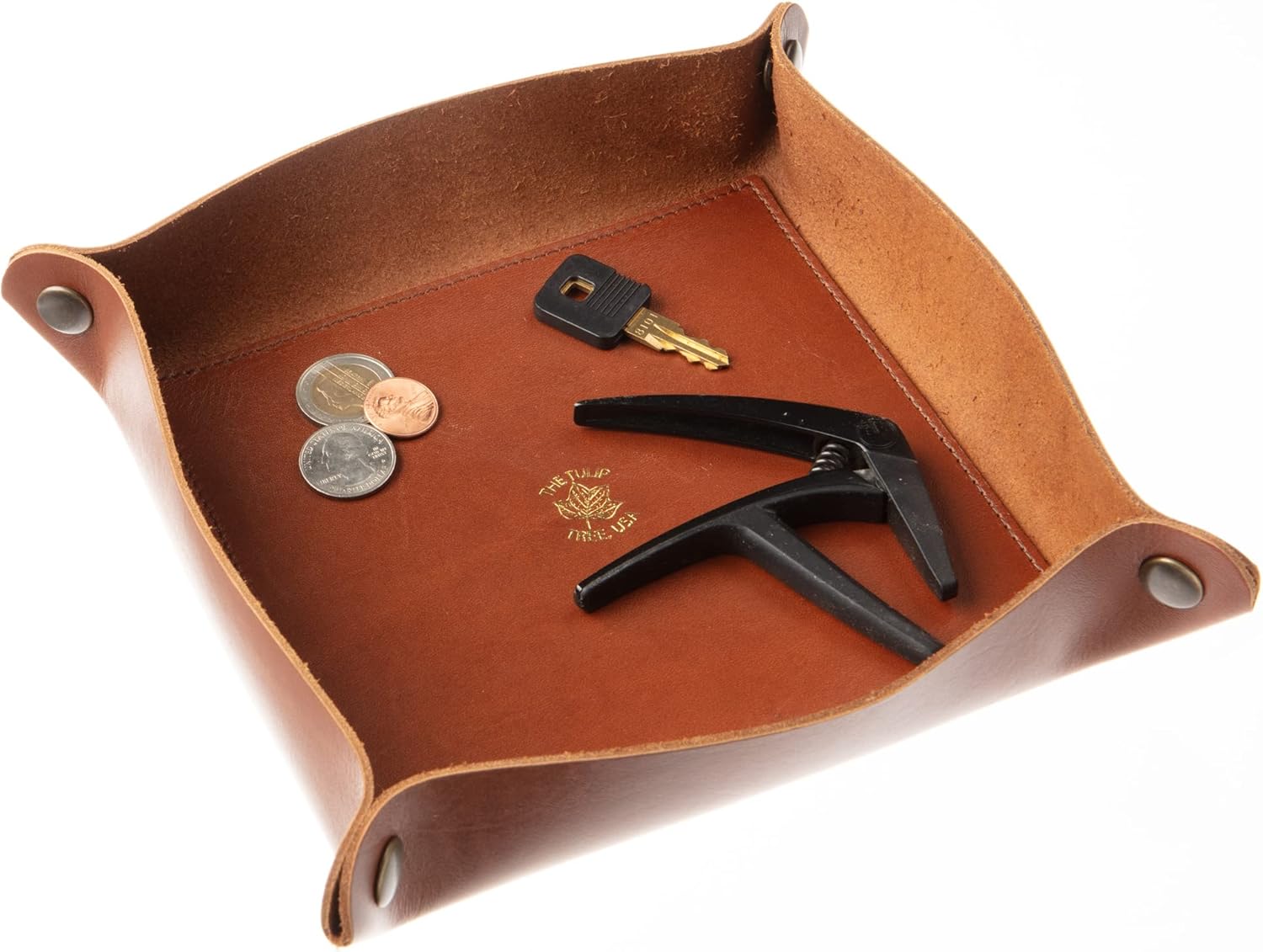 USA Made Premium Leather Valet Tray, Folds Flat! Little Buddy Dice Rolling Basket and Organizer With Brass Snaps - Reinforced Felt Bottom - For Keys, Jewelry, Coin, EDC, Watch Storage Caddy - Chestnut