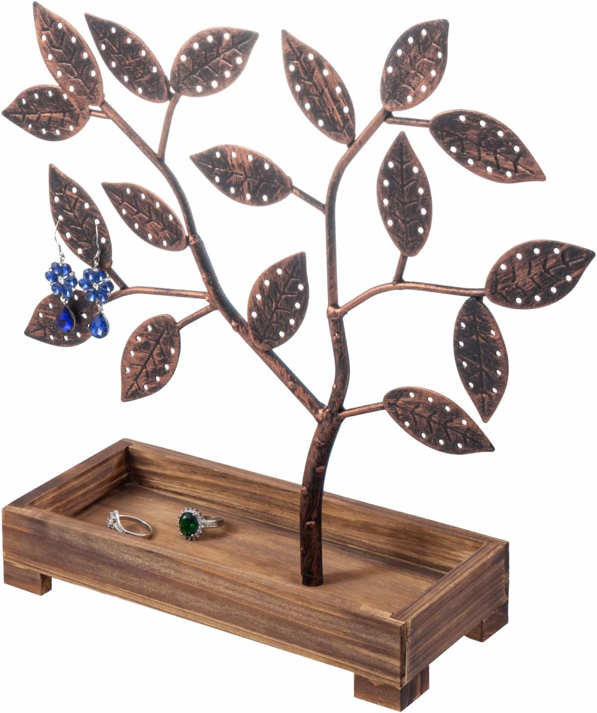 MyGift Earring Storage Rack Organizer, Matte Black Metal Jewelry Tree, Necklace and Bracelet Hanger with Wooden Ring Tray Trinket Holder - Holds 68 Pairs of Earrings