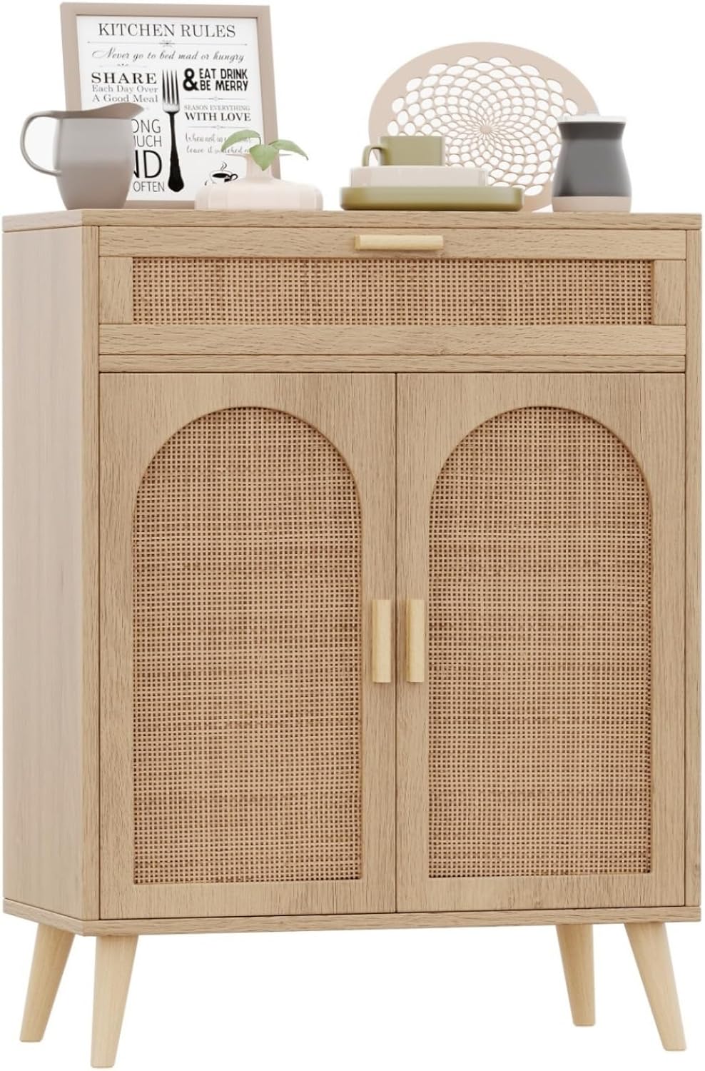 Irontar Rattan Storage Cabinet Set of 2, Buffet Sideboard with Storage, Coffee Bar with Drawer & Doors, Accent Floor Cabinet for Living Room, Dinning Room, Entryway, Natural