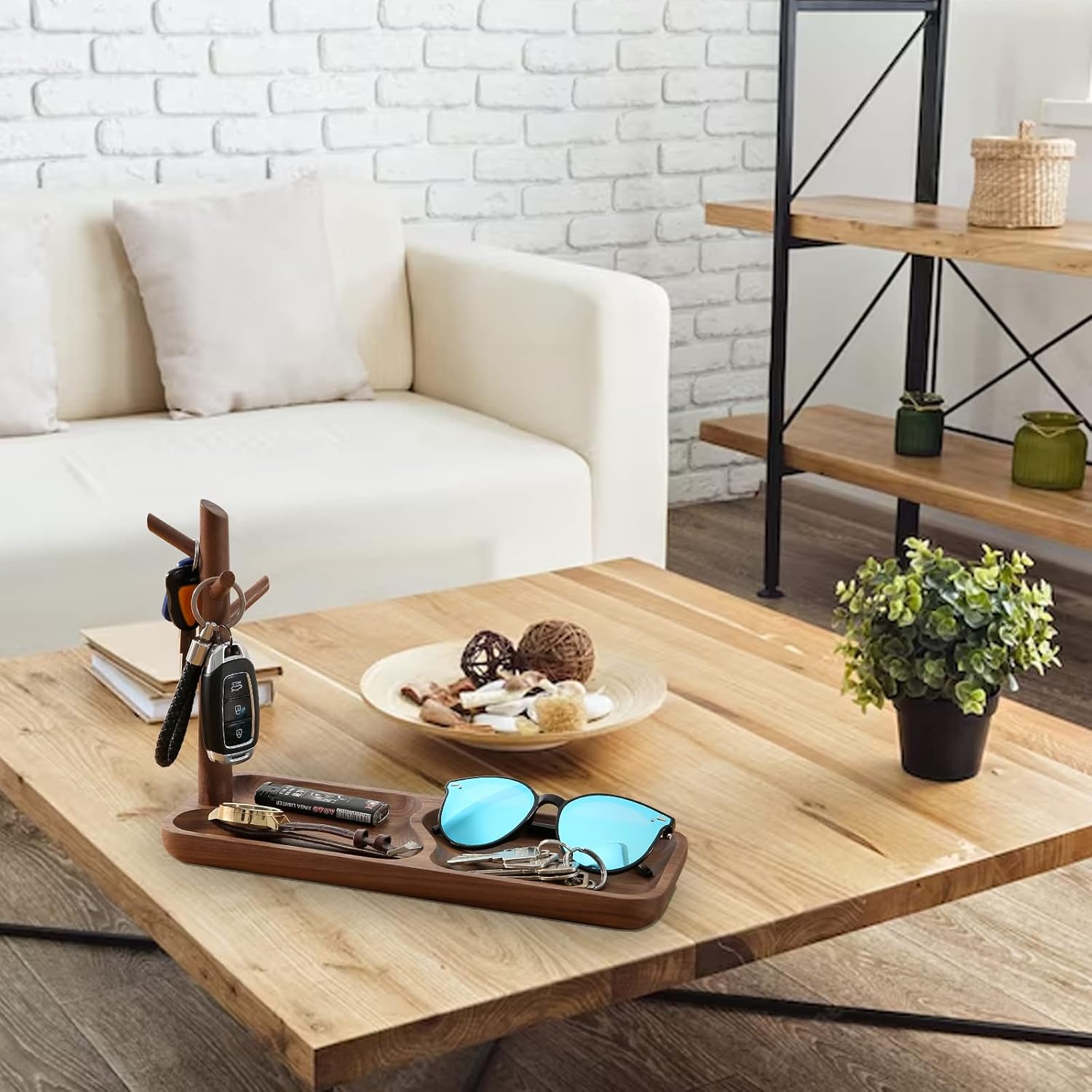 Walnut Wood Key Tray for Entryway Table, Jewelry Tray, Catchall Tray with 3 Stand Hanging Organizer, for Rings, Phone, Bracelets Watches