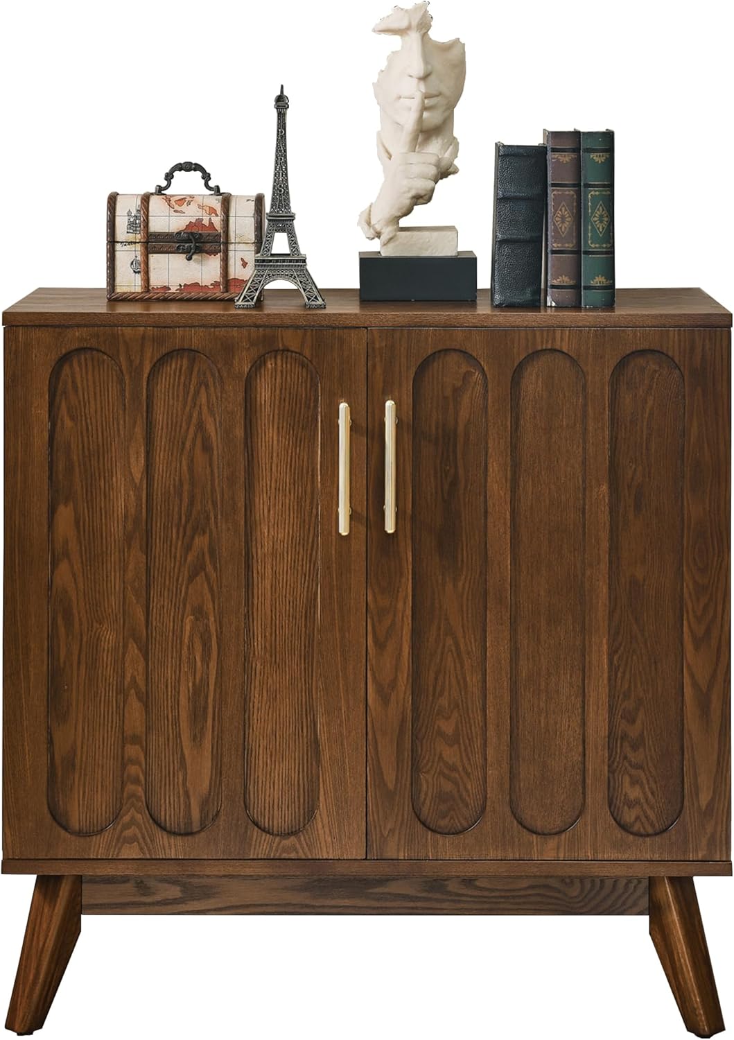 LKTART Mid Century Modern Storage Cabinet with Rattan Sliding Doors and Open Shelves, Boho Style Wooden Sideboard Buffet for Living Room,Light Walnut