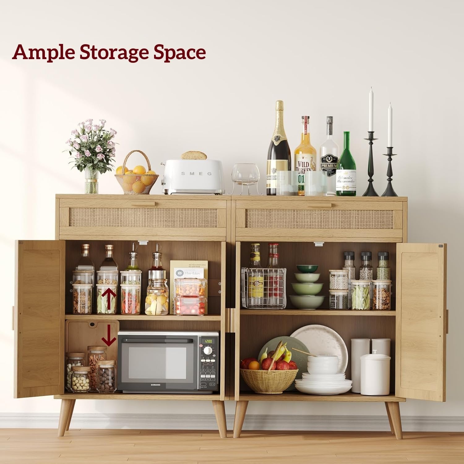 Irontar Rattan Storage Cabinet Set of 2, Buffet Sideboard with Storage, Coffee Bar with Drawer & Doors, Accent Floor Cabinet for Living Room, Dinning Room, Entryway, Natural