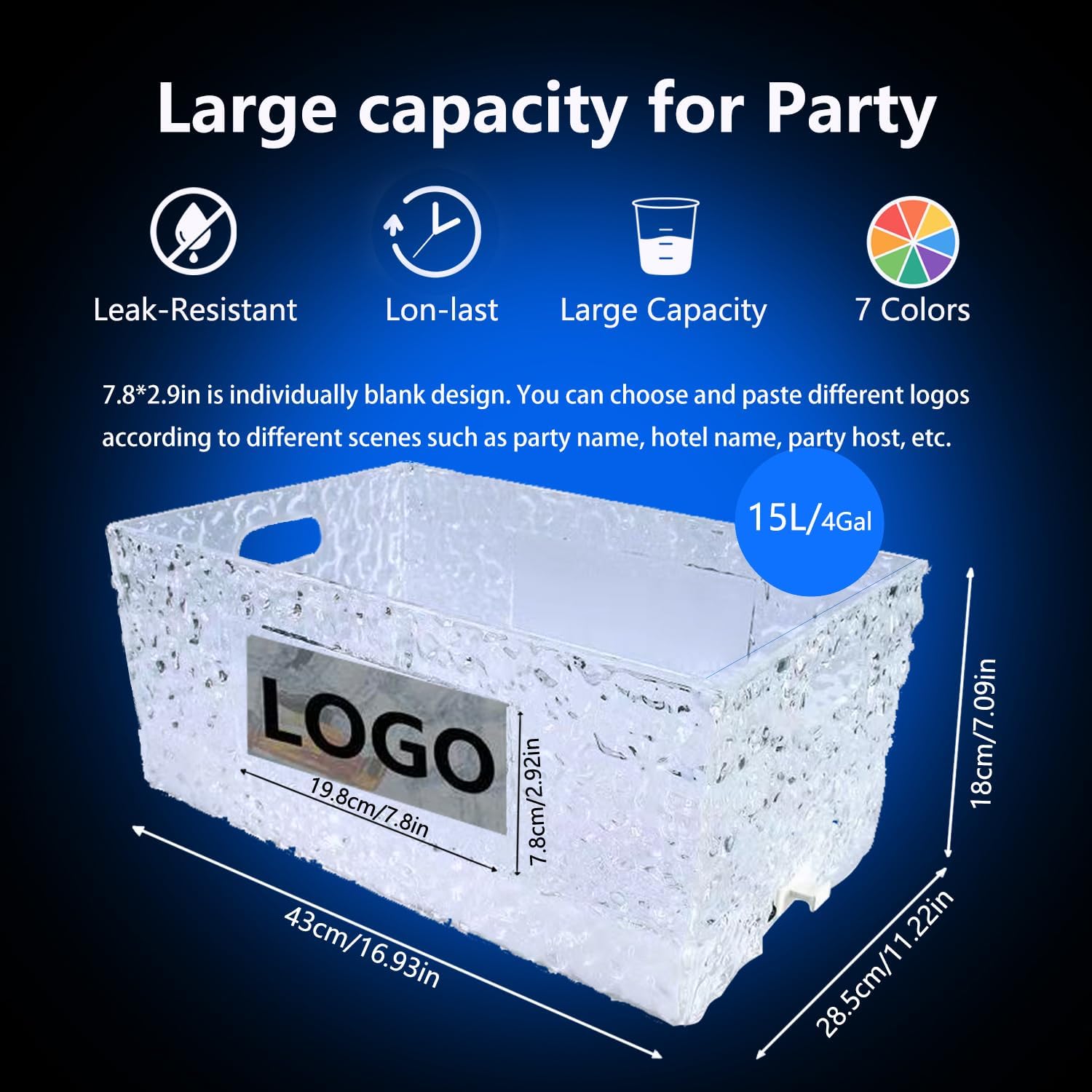 Plastic Colorful Ice Bucket for Parties,15Liter/4 Gallon Big LED Light Beverage Tub,Ice Bucket for Champagne/Beer/Drink/Wine/Cocktails/Bar,7-Color(Ice Grain )