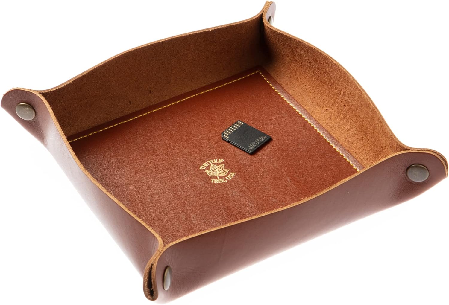 USA Made Premium Leather Valet Tray, Folds Flat! Little Buddy Dice Rolling Basket and Organizer With Brass Snaps - Reinforced Felt Bottom - For Keys, Jewelry, Coin, EDC, Watch Storage Caddy - Chestnut