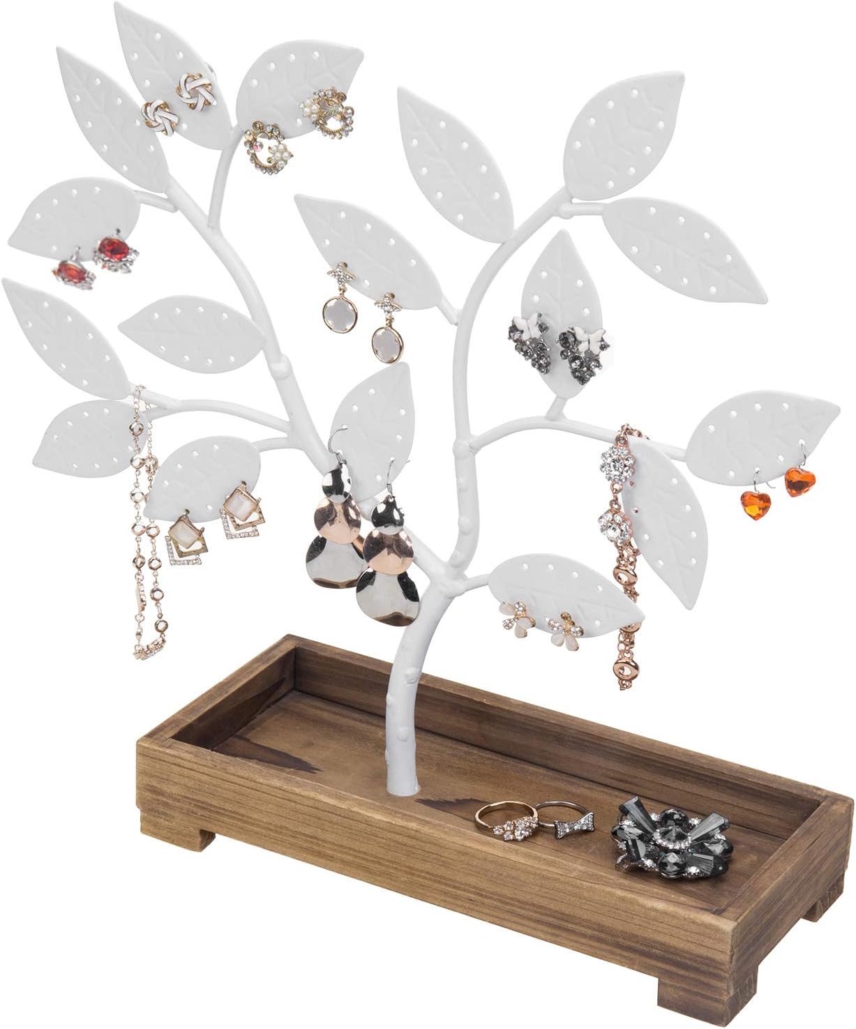 MyGift Earring Storage Rack Organizer, Matte Black Metal Jewelry Tree, Necklace and Bracelet Hanger with Wooden Ring Tray Trinket Holder - Holds 68 Pairs of Earrings