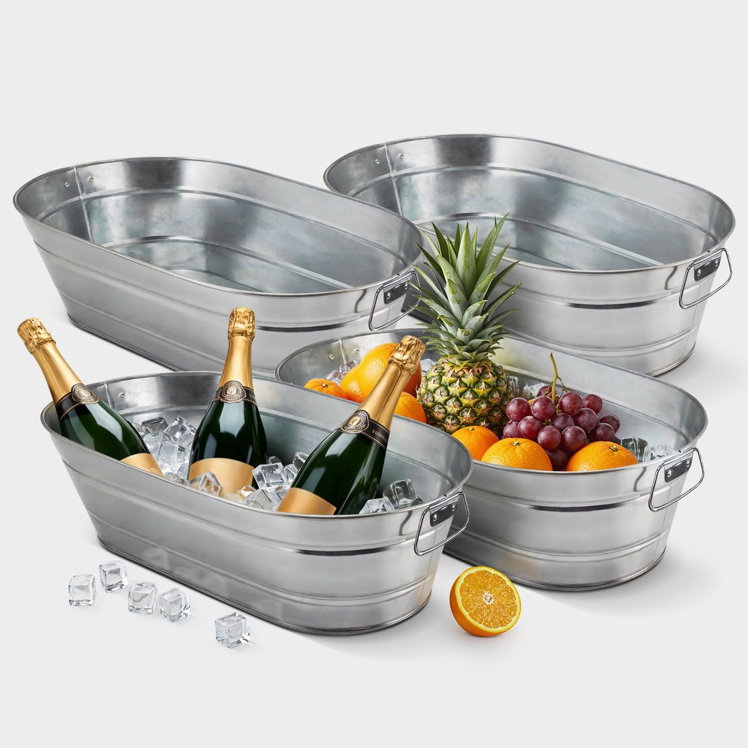 PLEXON Galvanized Tub with Handles - Beverage Tub - Metal Ice Bucket for Parties - Ice Bucket for Cocktail Bar Restaurant - Drink Beer Champagne Chiller Cooler - 5.3 Gallon (20L), Set of 2