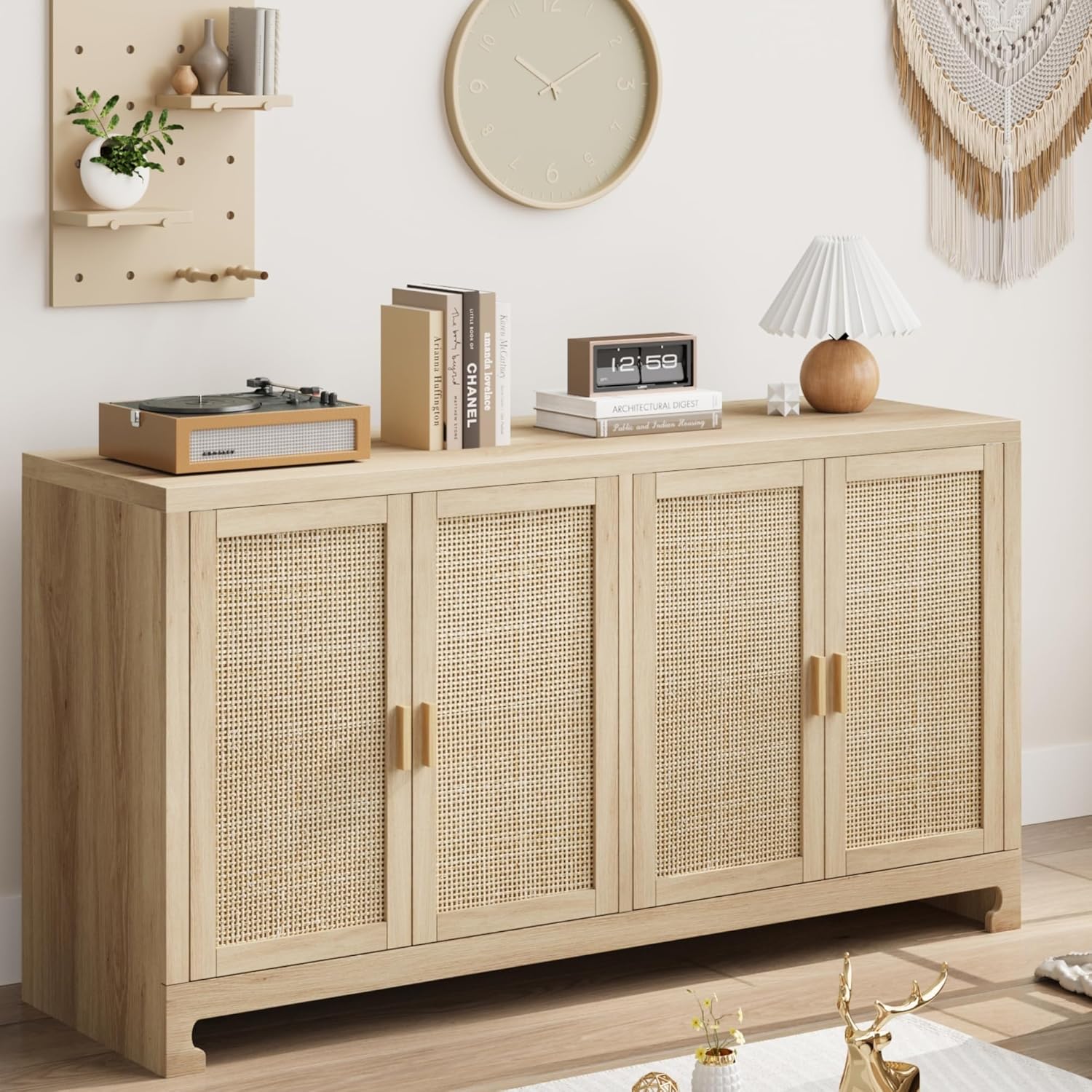 GarveeHome 60 in Farmhouse Rattan Buffet Cabinet - 4-Door Woven Storage Sideboard with Adjustable Shelves, Kitchen Console Table for Dining Room & Living Room Entryway (Oak Brown)