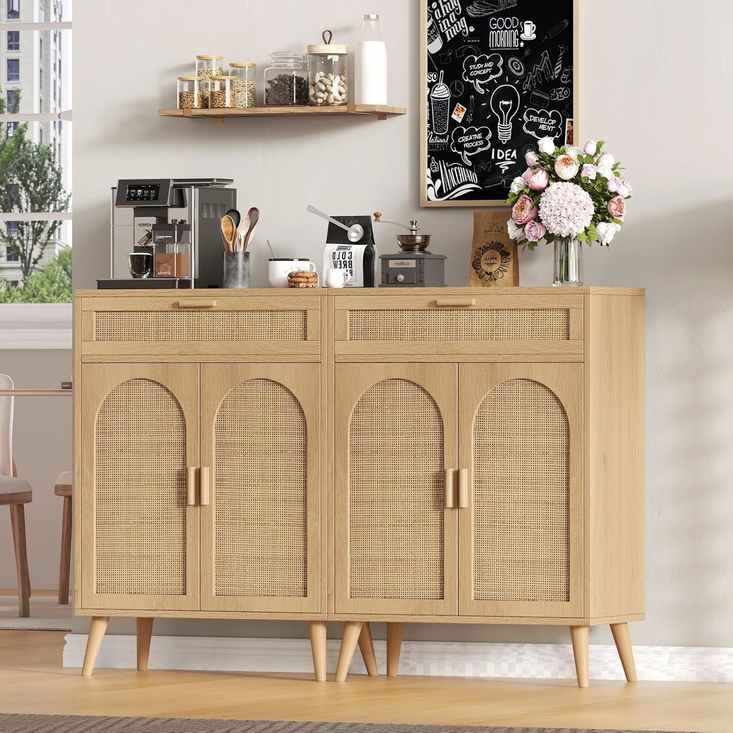 Irontar Rattan Storage Cabinet Set of 2, Buffet Sideboard with Storage, Coffee Bar with Drawer & Doors, Accent Floor Cabinet for Living Room, Dinning Room, Entryway, Natural