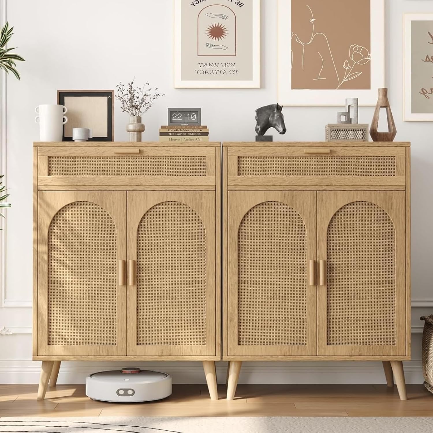 Irontar Rattan Storage Cabinet Set of 2, Buffet Sideboard with Storage, Coffee Bar with Drawer & Doors, Accent Floor Cabinet for Living Room, Dinning Room, Entryway, Natural