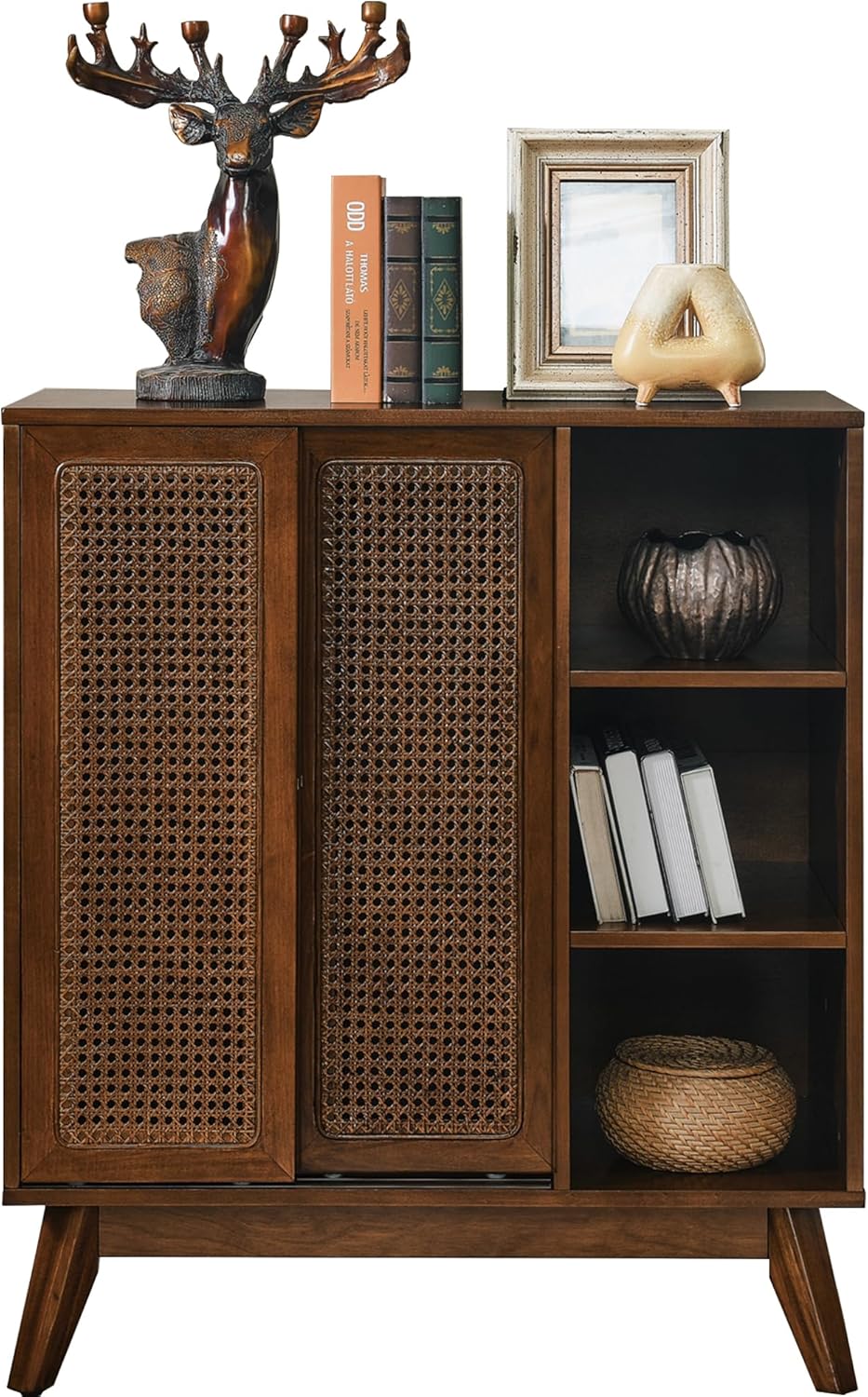 LKTART Mid Century Modern Storage Cabinet with Rattan Sliding Doors and Open Shelves, Boho Style Wooden Sideboard Buffet for Living Room,Light Walnut