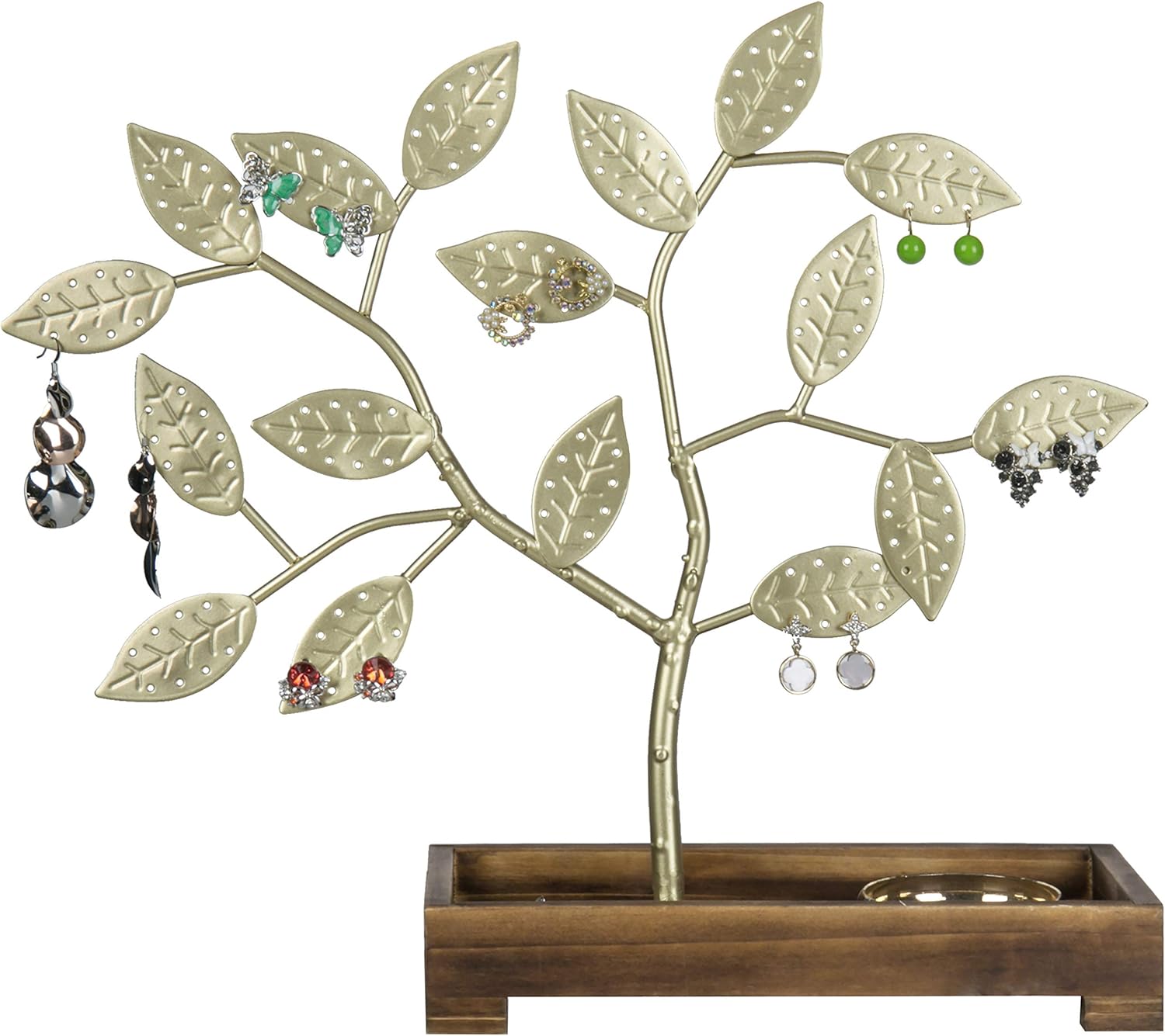 MyGift Earring Storage Rack Organizer, Matte Black Metal Jewelry Tree, Necklace and Bracelet Hanger with Wooden Ring Tray Trinket Holder - Holds 68 Pairs of Earrings