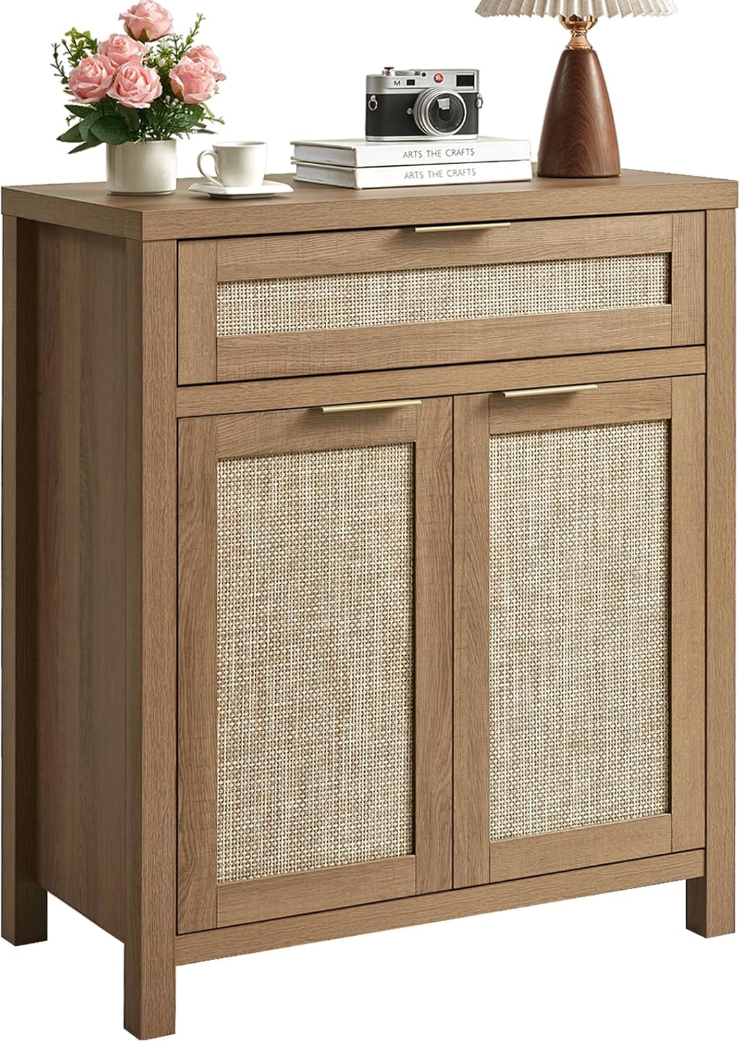 Rattan Sideboard Buffet Cabinet, Boho Storage Cabinet with Adjustable Shelves, Farmhouse Credenza Coffee Bar Cabinets with 4 Doors & 3 Drawers for Living Room, Hallway & Kitchen