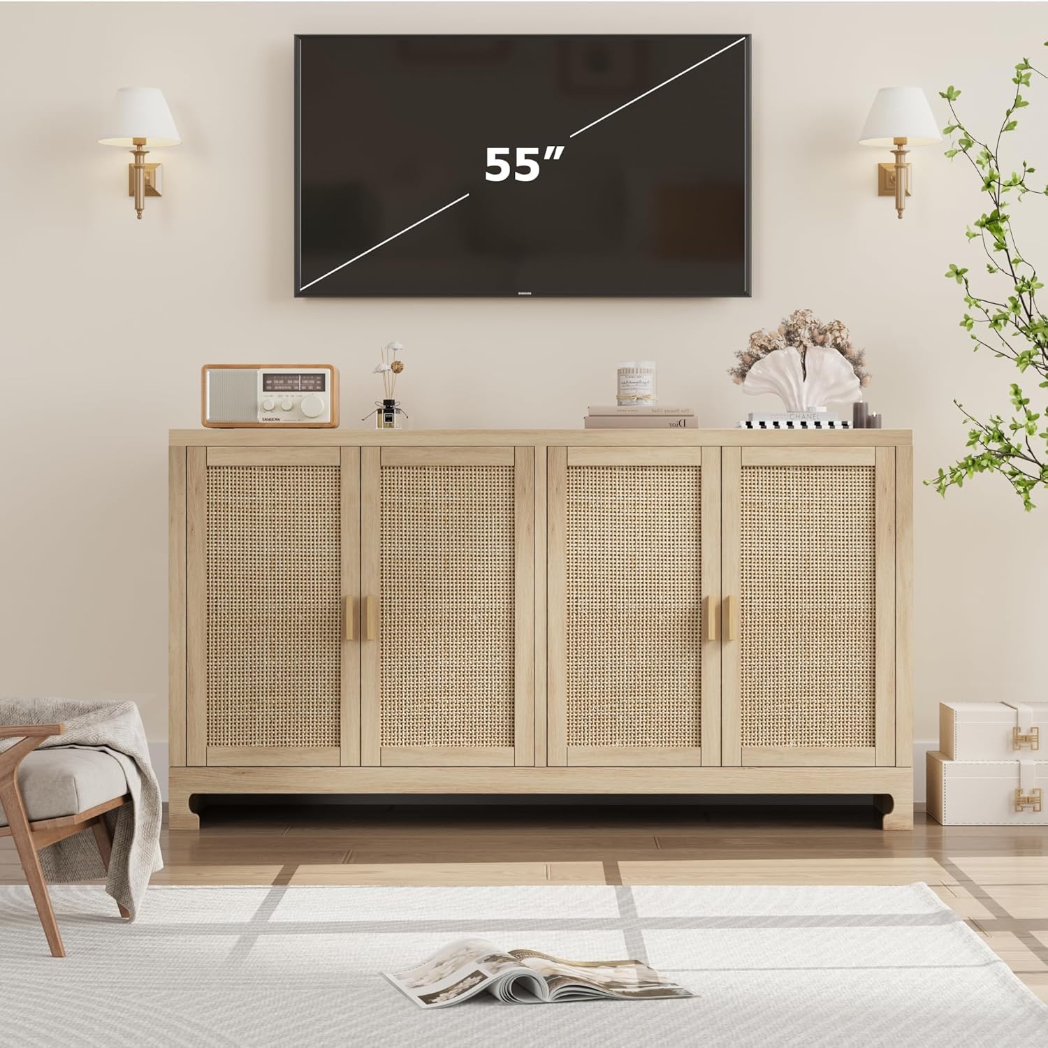 GarveeHome 60 in Farmhouse Rattan Buffet Cabinet - 4-Door Woven Storage Sideboard with Adjustable Shelves, Kitchen Console Table for Dining Room & Living Room Entryway (Oak Brown)