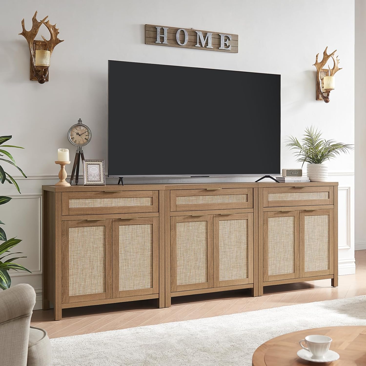 Rattan Sideboard Buffet Cabinet, Boho Storage Cabinet with Adjustable Shelves, Farmhouse Credenza Coffee Bar Cabinets with 4 Doors & 3 Drawers for Living Room, Hallway & Kitchen