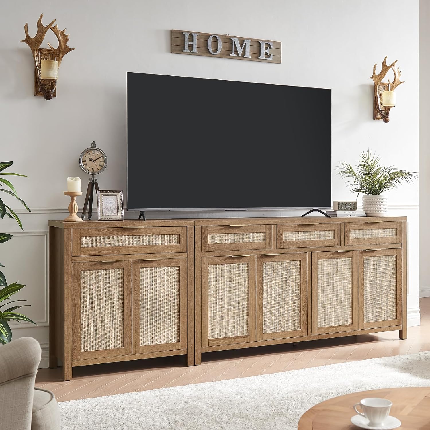 Rattan Sideboard Buffet Cabinet, Boho Storage Cabinet with Adjustable Shelves, Farmhouse Credenza Coffee Bar Cabinets with 4 Doors & 3 Drawers for Living Room, Hallway & Kitchen