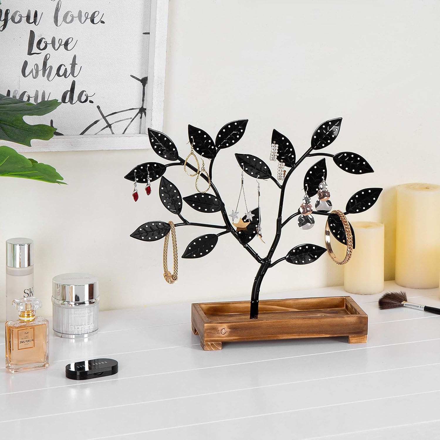 MyGift Earring Storage Rack Organizer, Matte Black Metal Jewelry Tree, Necklace and Bracelet Hanger with Wooden Ring Tray Trinket Holder - Holds 68 Pairs of Earrings