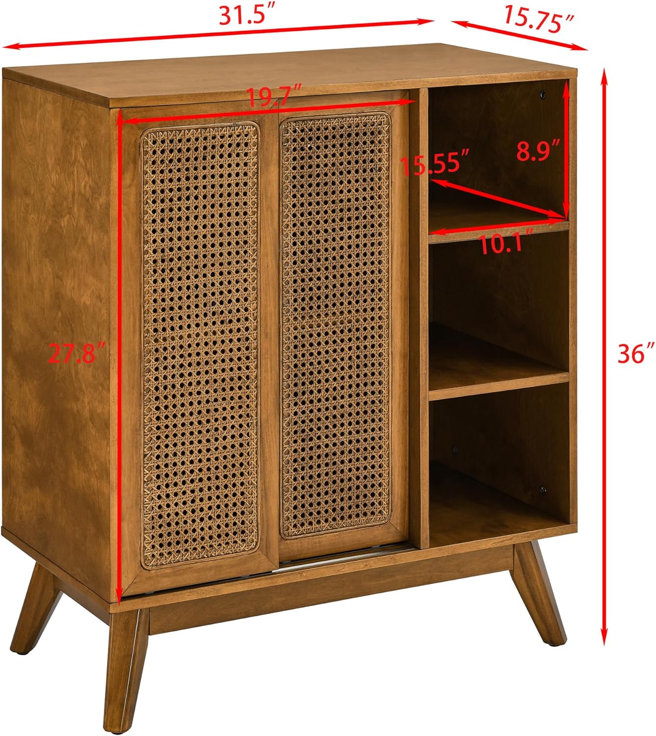 LKTART Mid Century Modern Storage Cabinet with Rattan Sliding Doors and Open Shelves, Boho Style Wooden Sideboard Buffet for Living Room,Light Walnut