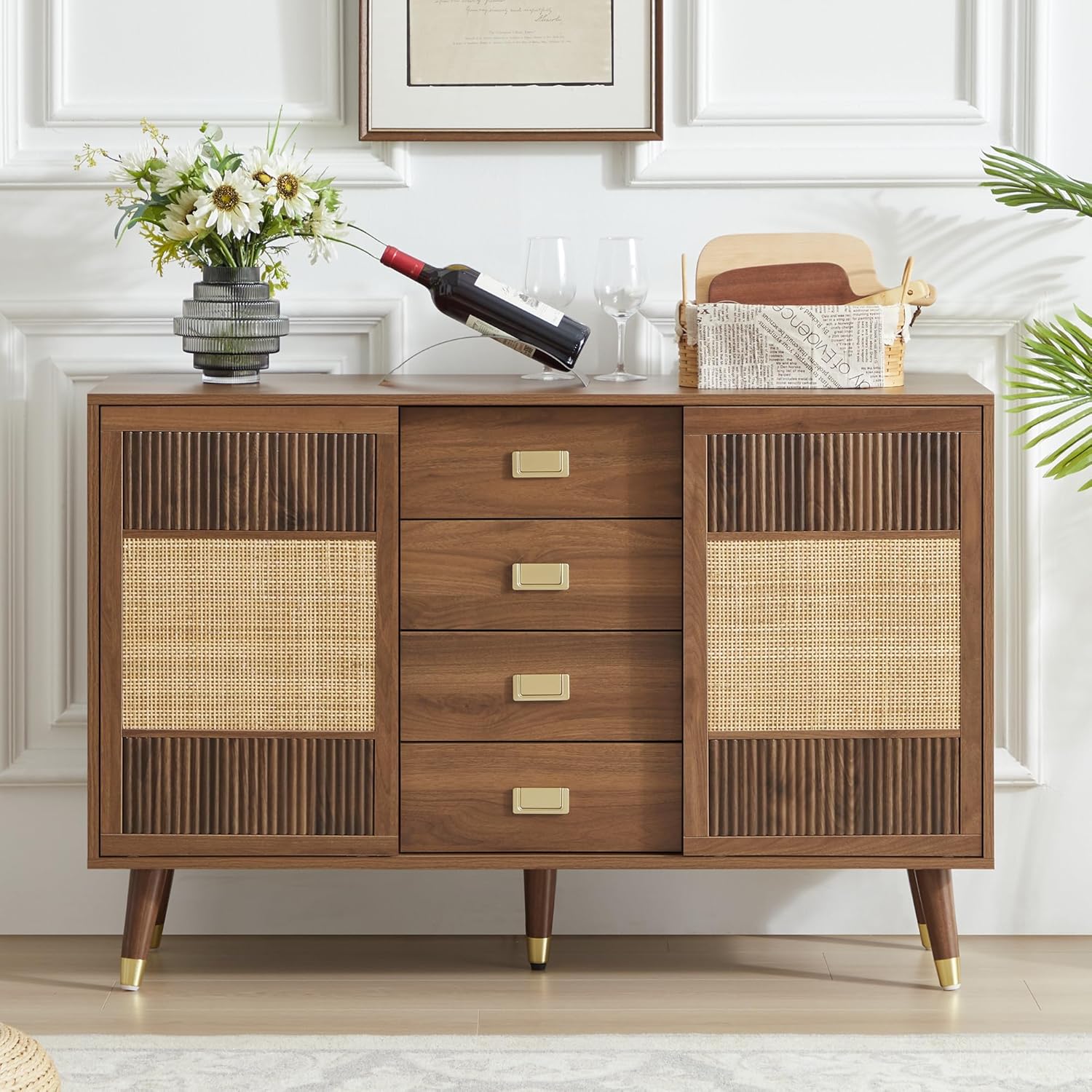 Sideboard Buffet Cabinet with Storage, 47" Rattan Kitchen Storage Cabinet with 2 Slide Doors and 4 Drawers, Accent Cabinets with Adjustable Shelves, Wooden Coffee Bar for Kitchen Dining Room (Walnut)
