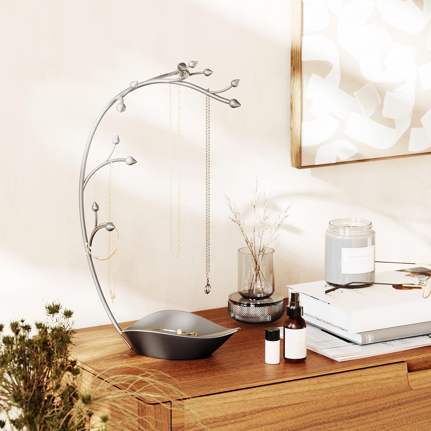 Umbra Orchid Jewelry Hanging Tree Stand - Multi-Functional Necklace Metal Holder Display Organizer Rack With a Ring Dish Tray Great For Organization Can Be Used As Decor, Dining Room Centerpiece