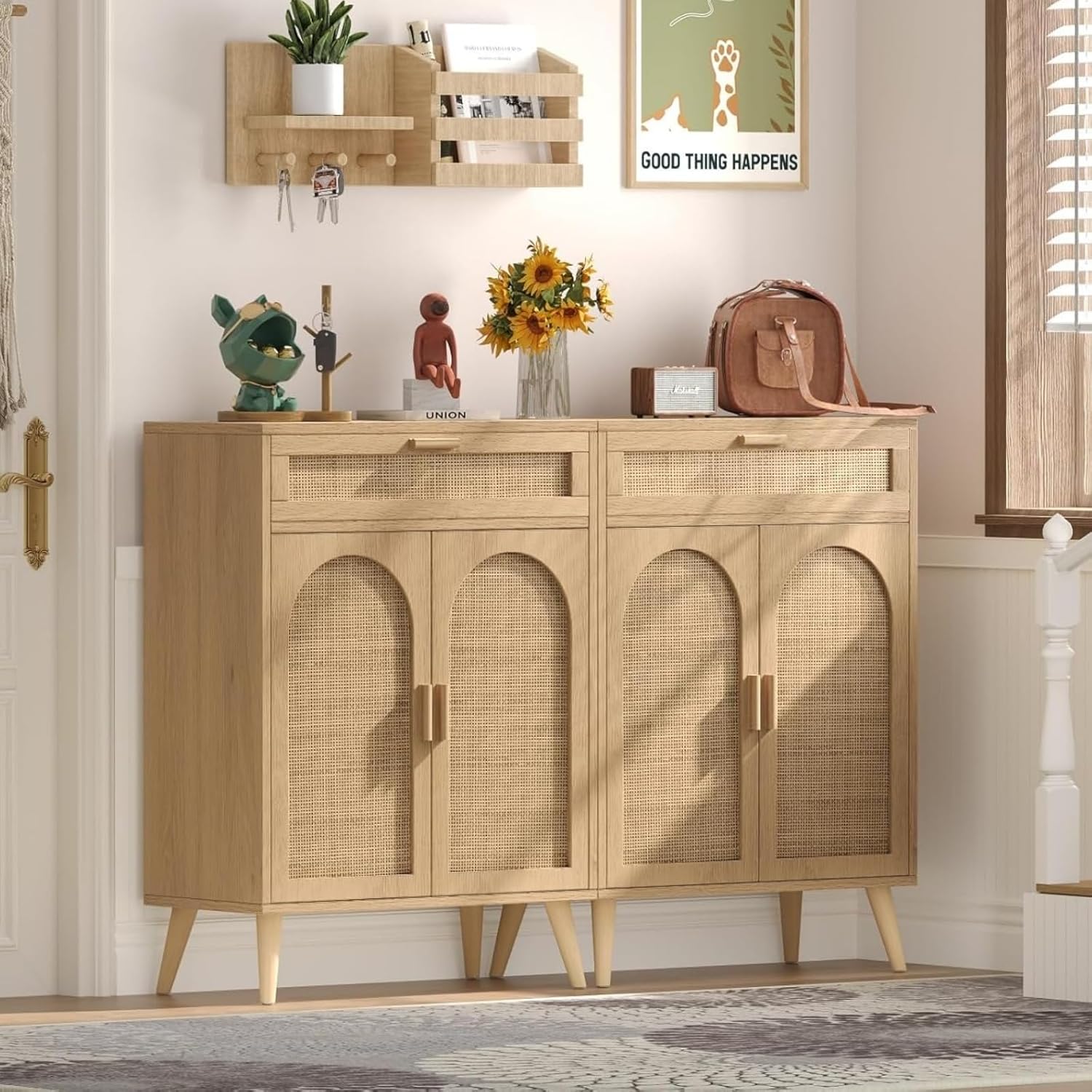 Irontar Rattan Storage Cabinet Set of 2, Buffet Sideboard with Storage, Coffee Bar with Drawer & Doors, Accent Floor Cabinet for Living Room, Dinning Room, Entryway, Natural